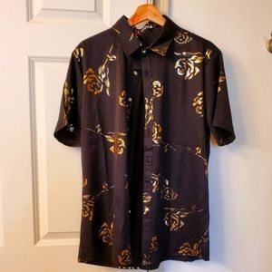 Mens black button shirt size L gold accents